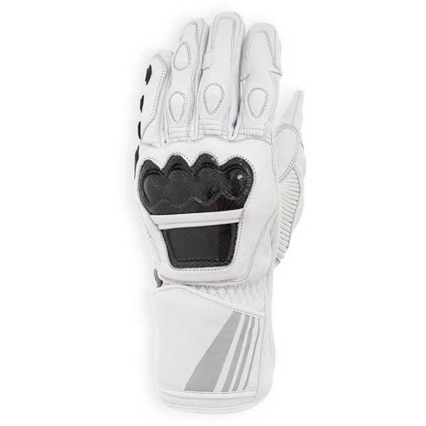 White leather motorcycle gloves with carbon fiber knuckle protection and reflective gauntlet strips by Jackets Kingdom