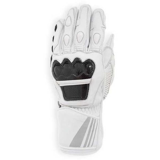White leather motorcycle gloves with carbon fiber knuckle protection and reflective gauntlet strips by Jackets Kingdom