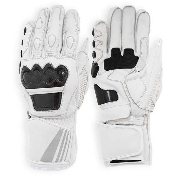 White leather motorcycle gloves with carbon fiber knuckle protection and reflective gauntlet strips by Jackets Kingdom
