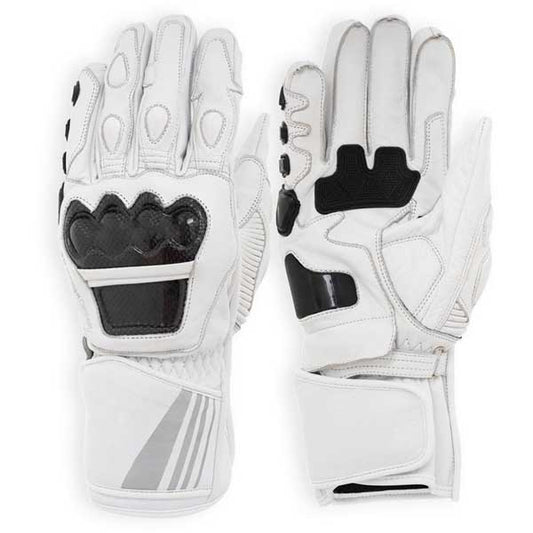 White leather motorcycle gloves with carbon fiber knuckle protection and reflective gauntlet strips by Jackets Kingdom