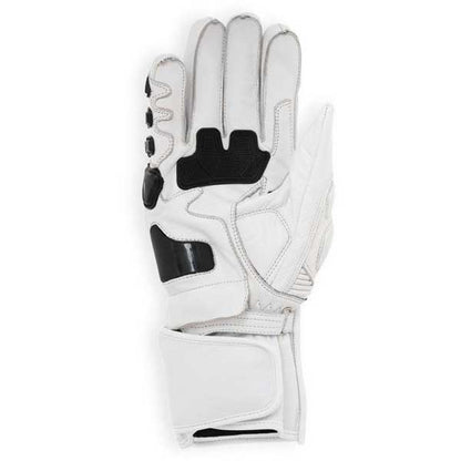 White leather motorcycle gloves with carbon fiber knuckle protection and reflective gauntlet strips by Jackets Kingdom