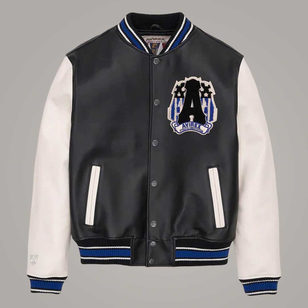 White and Black Avirex Leather American Varsity Jacket Front View by Jackets Kingdom