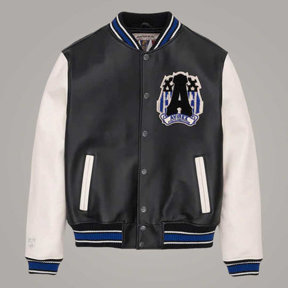 White and Black Avirex Leather American Varsity Jacket Front View by Jackets Kingdom