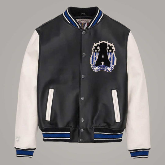 White and Black Avirex Leather American Varsity Jacket Front View by Jackets Kingdom