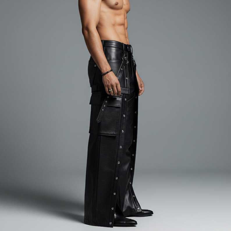 Wide leg leather pants with premium metal hardware and designer strap accents by Jackets Kingdom