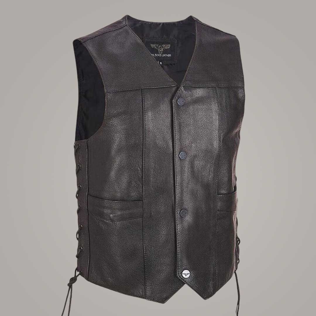 Wilsons Leather Lace Up Motorcycle Vest Front View by Jackets Kingdom