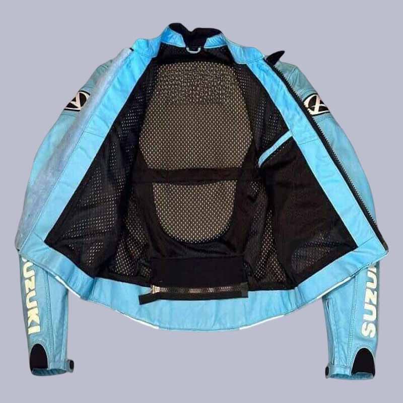 Front view of Suzuki motorcycle racing jacket with CE-certified shoulder armor