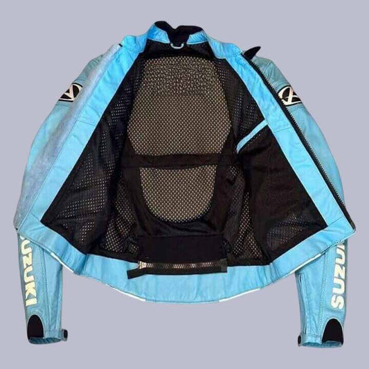 Front view of Suzuki motorcycle racing jacket with CE-certified shoulder armor