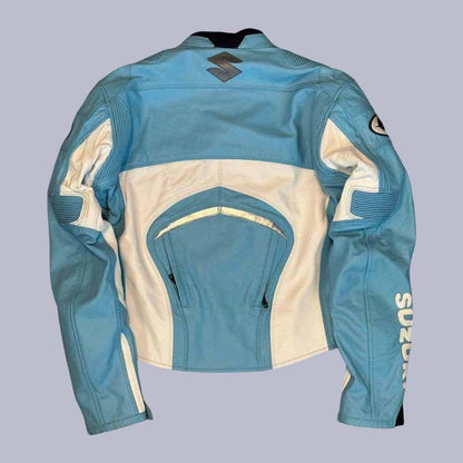 Back view of Suzuki racing jacket with high-density safety pad and reflective elements