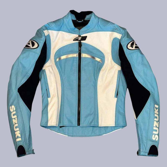 Unisex Suzuki GSX-R racing leather jacket in black and blue cowhide construction