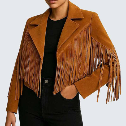 Women Brown Suede Fringe Jacket with Western Rodeo Style