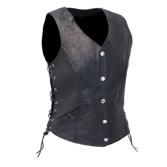 Black Leather Biker Vest for Women - Motorcycle Leather Vest