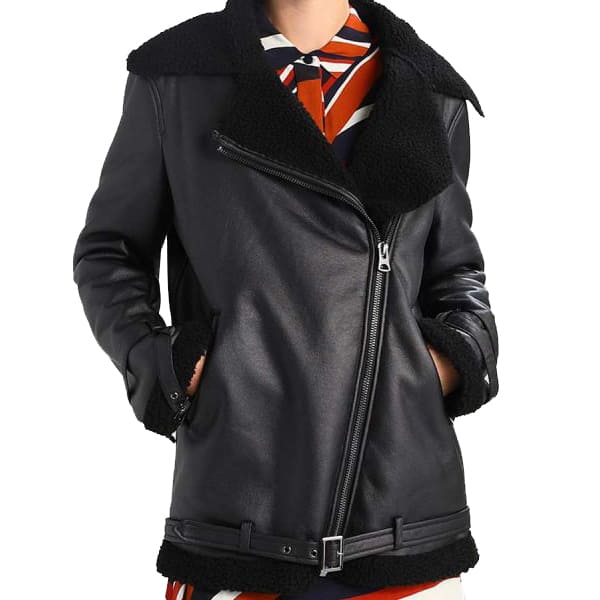 Black Shearling Aviator Jacket for Women