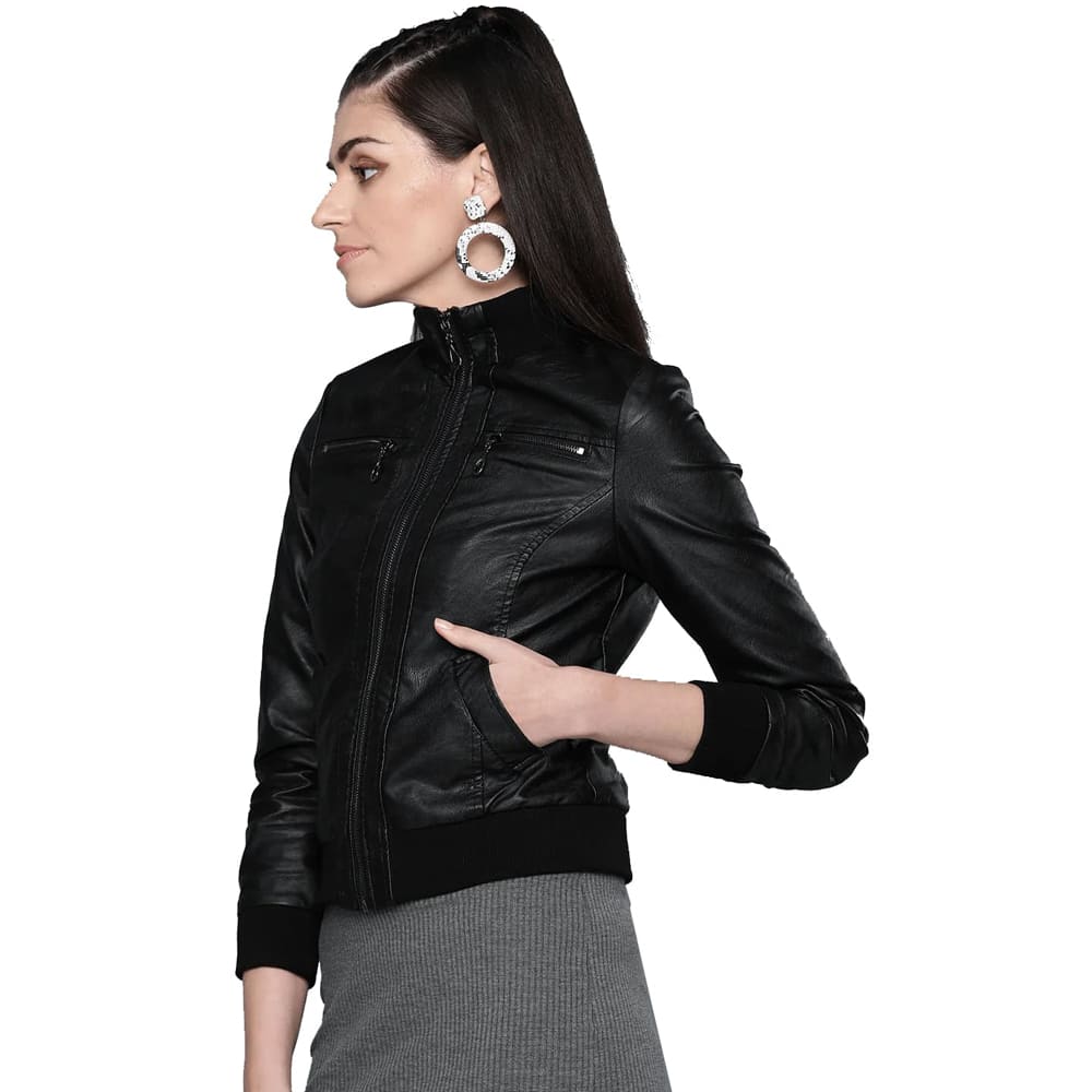 Women's Black Solid Bomber Leather Jacket