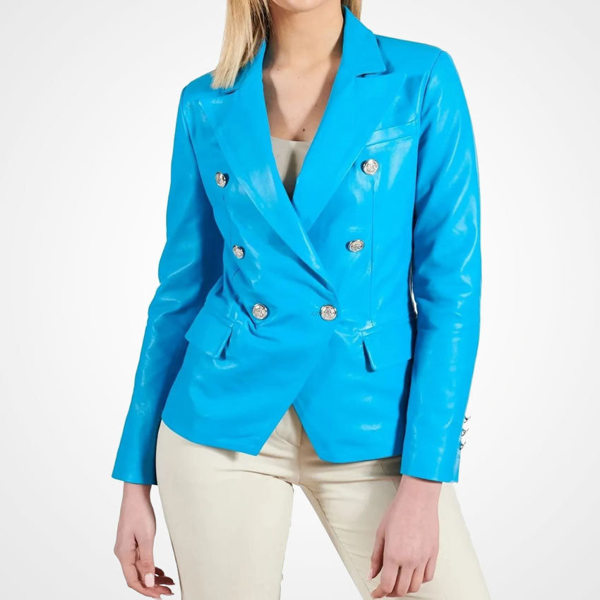 Women’s Blue Double-Breasted Leather Coat