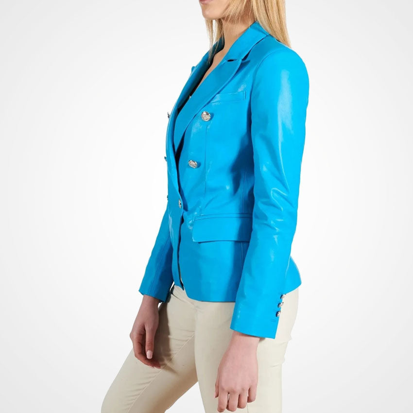 Women’s Blue Double-Breasted Leather Coat