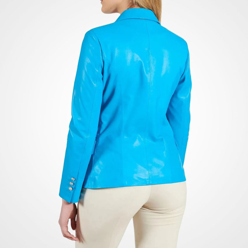 Women’s Blue Double-Breasted Leather Coat