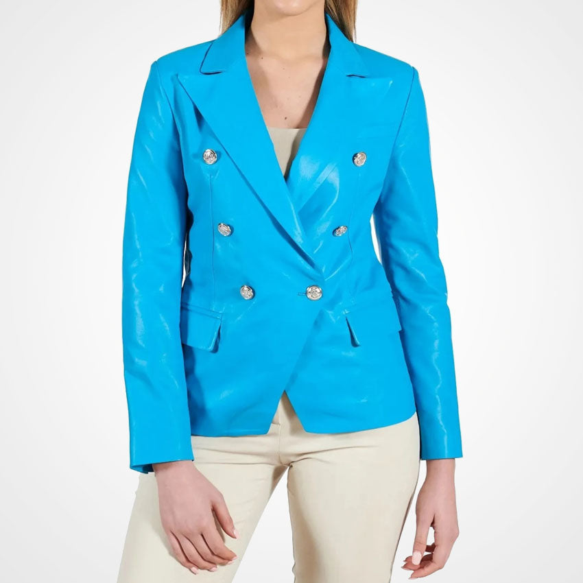 Women’s Blue Double-Breasted Leather Coat