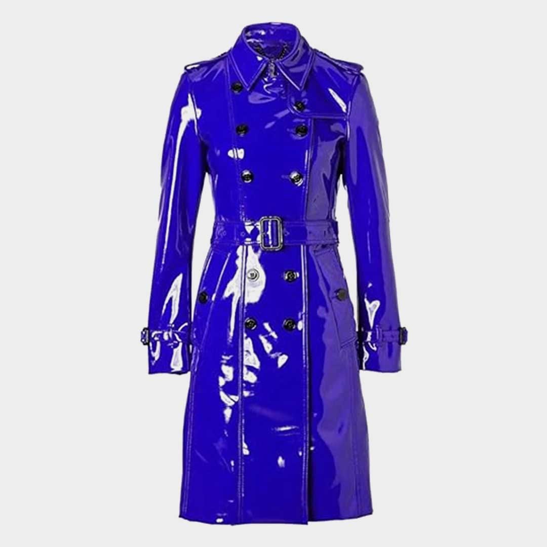 Women's Blue PVC Leather Shiny Raincoat Lightweight Stylish Trench Coat