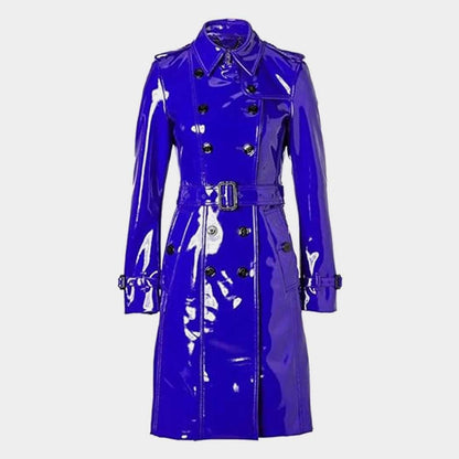 Women's Blue PVC Leather Shiny Raincoat Lightweight Stylish Trench Coat