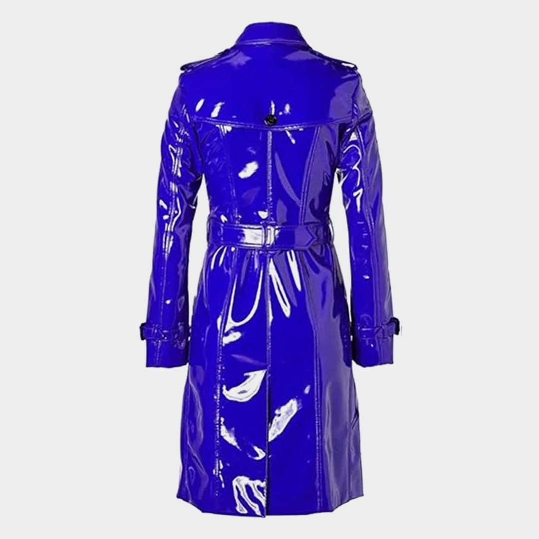 Women's Blue PVC Leather Shiny Raincoat Lightweight Stylish Trench Coat