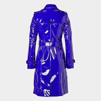 Women's Blue PVC Leather Shiny Raincoat Lightweight Stylish Trench Coat
