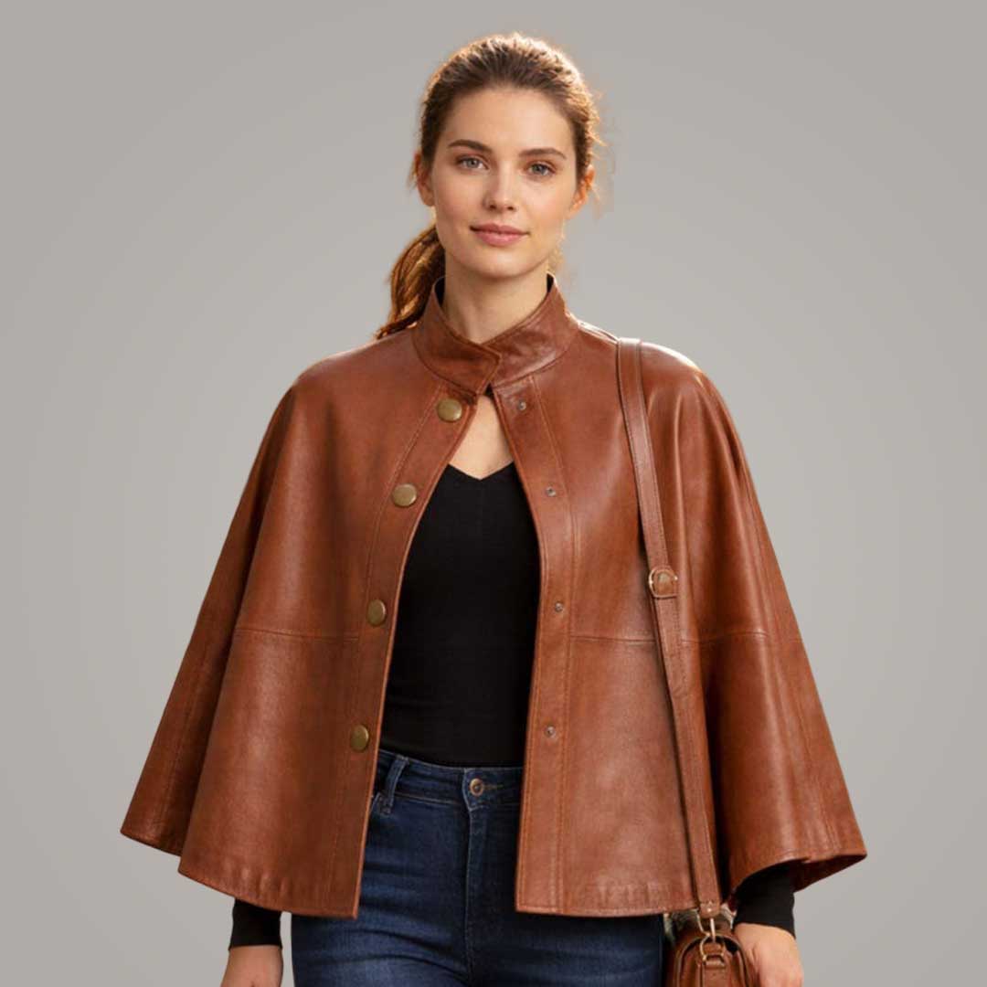 Women's Brown Leather Capelet with High Neck