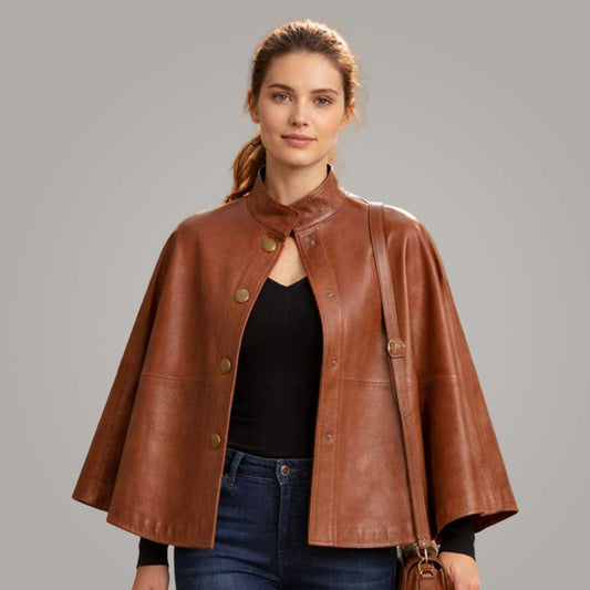 Women's Brown Leather Capelet with High Neck