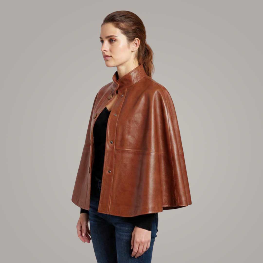 Women's Brown Leather Capelet with High Neck