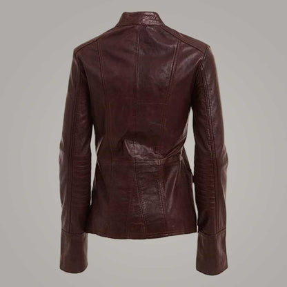 Women's Brown Leather Military Jacket Double Breasted Genuine Leather Coat