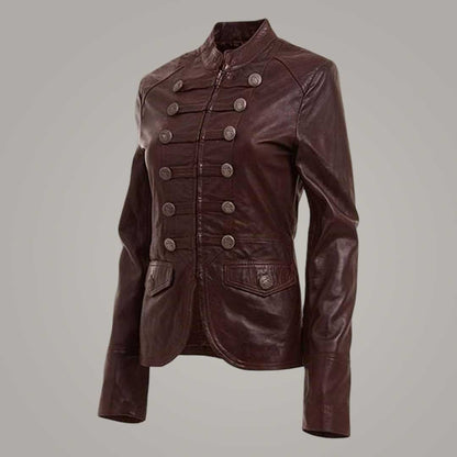 Women's Brown Leather Military Jacket Double Breasted Genuine Leather Coat