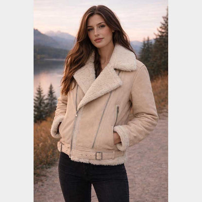 Women's Cream Shearling Biker Jacket Winter Aviator Leather Coat front view showing asymmetrical zipper and luxurious shearling