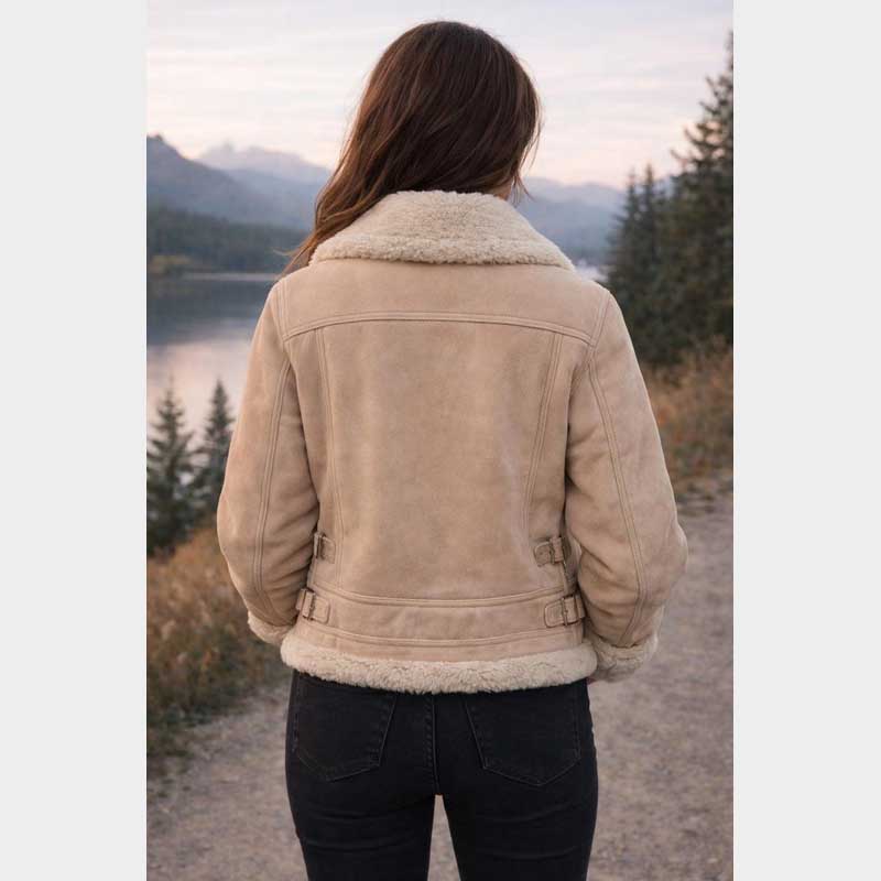 Back view of Women's Cream Shearling Biker Jacket Winter Aviator Leather Coat showing classic biker silhouette
