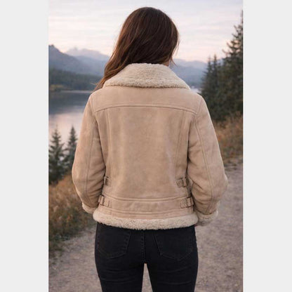 Back view of Women's Cream Shearling Biker Jacket Winter Aviator Leather Coat showing classic biker silhouette