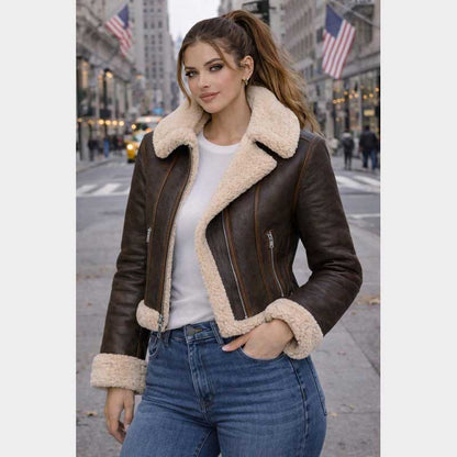 Women's Dark Brown Shearling Biker Leather Jacket front view with asymmetrical zipper