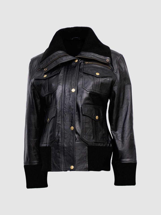 Women's Four-Pocket Black Leather Bomber Jacket