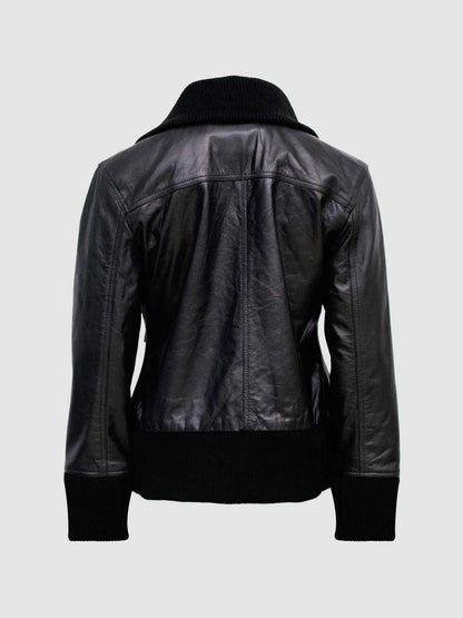 Women's Four-Pocket Black Leather Bomber Jacket