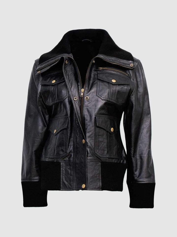 Women's Four-Pocket Black Leather Bomber Jacket