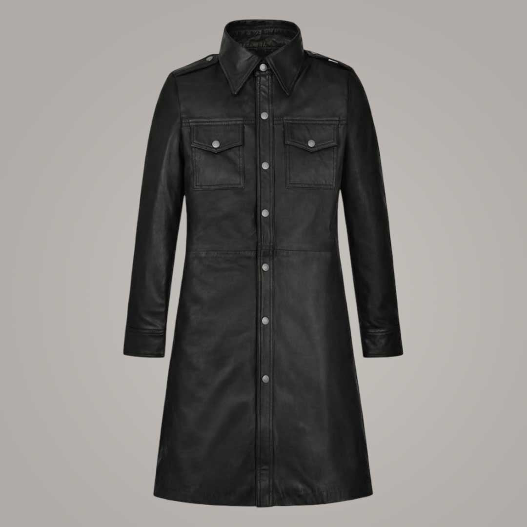 Women's Genuine Leather Black Shirt Coat Long Trench Style Front View by Jackets Kingdom
