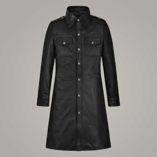 Women's Genuine Leather Black Shirt Coat Long Trench Style Front View by Jackets Kingdom