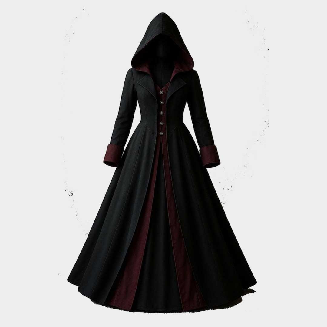 Women's Gothic Hooded Trench Coat Victorian Steampunk Cosplay Long Black Coat