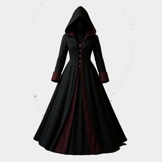 Women's Gothic Hooded Trench Coat Victorian Steampunk Cosplay Long Black Coat