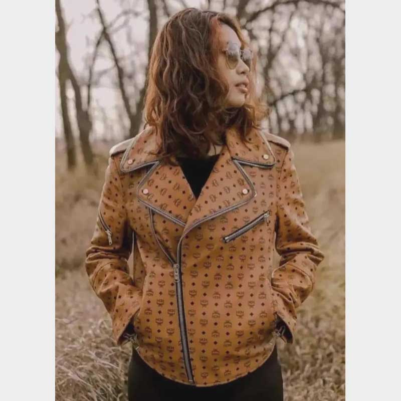 Women's MCM inspired genuine cowhide leather biker jacket front view with zipper by Jackets Kingdom