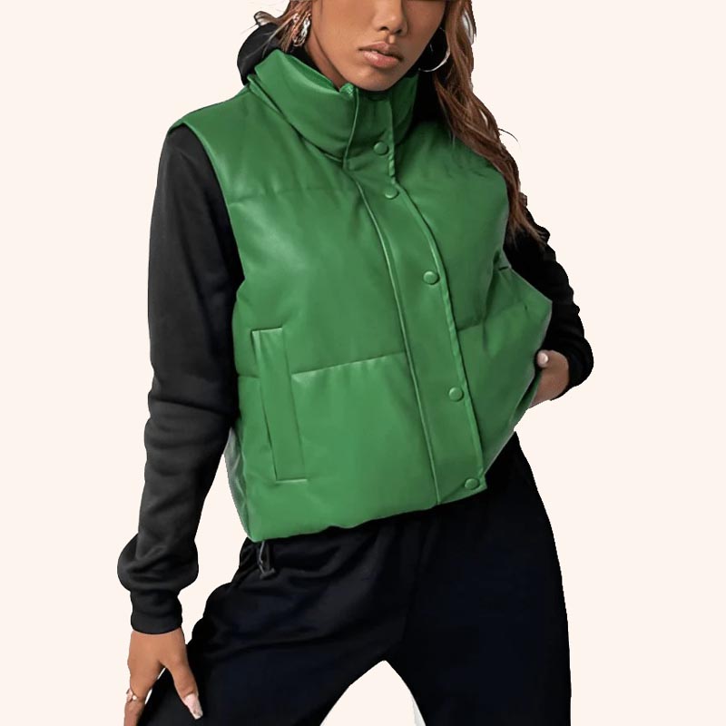 Women's Puffer Leather Vest in Green