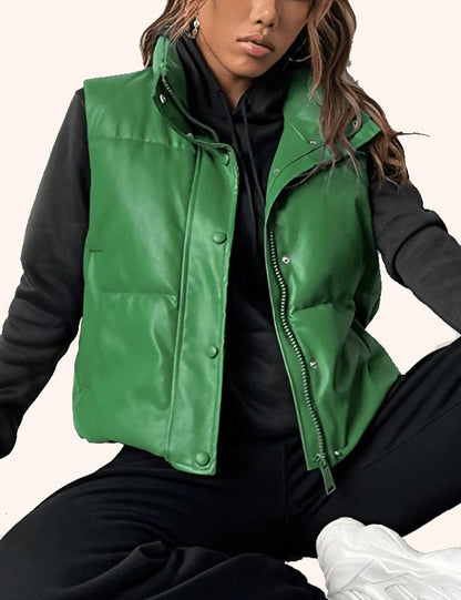 Women's Puffer Leather Vest in Green