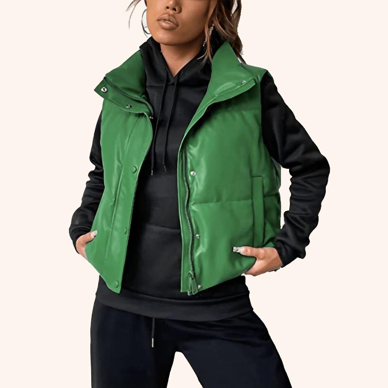 Women's Puffer Leather Vest in Green