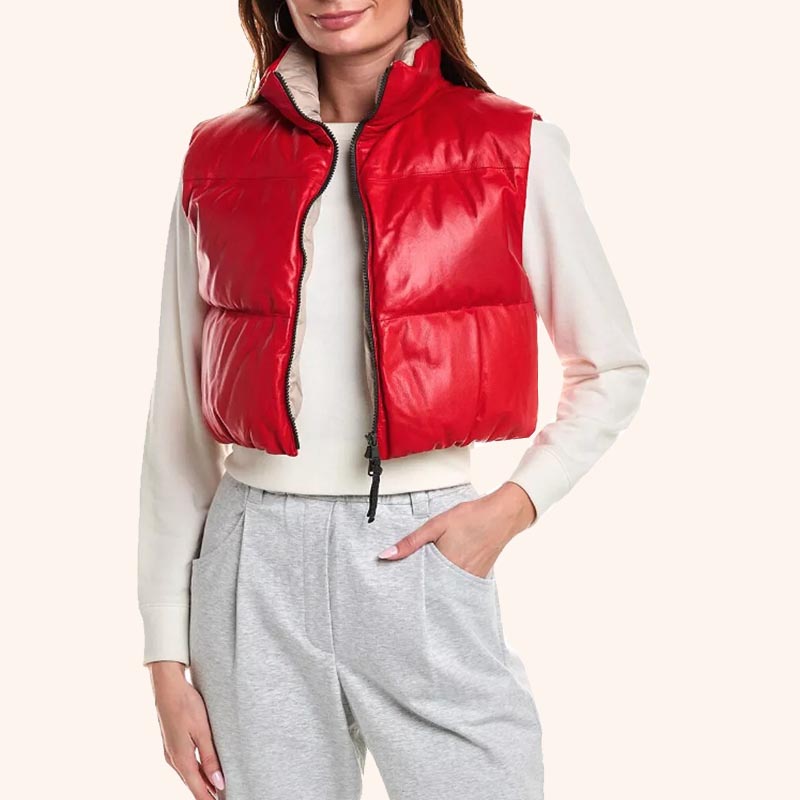 Women's Red Lambskin Leather Short Puffer Vest