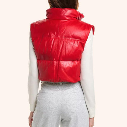 Women's Red Lambskin Leather Short Puffer Vest