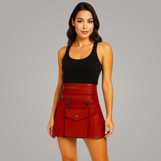 Women's Red Leather Utility Kilt Double Buckle High Waist Mini Skirt