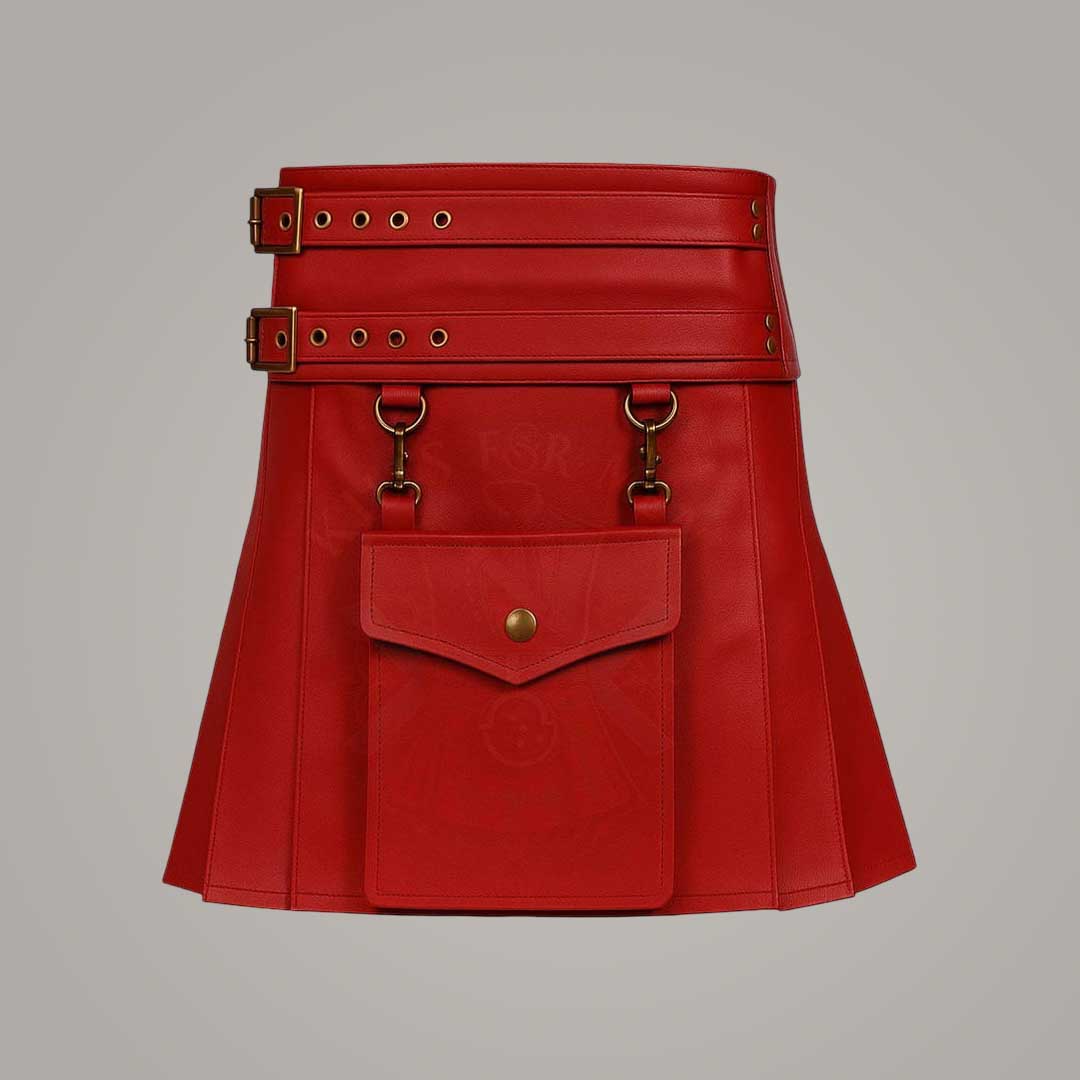 Women's Red Leather Utility Kilt Double Buckle High Waist Mini Skirt